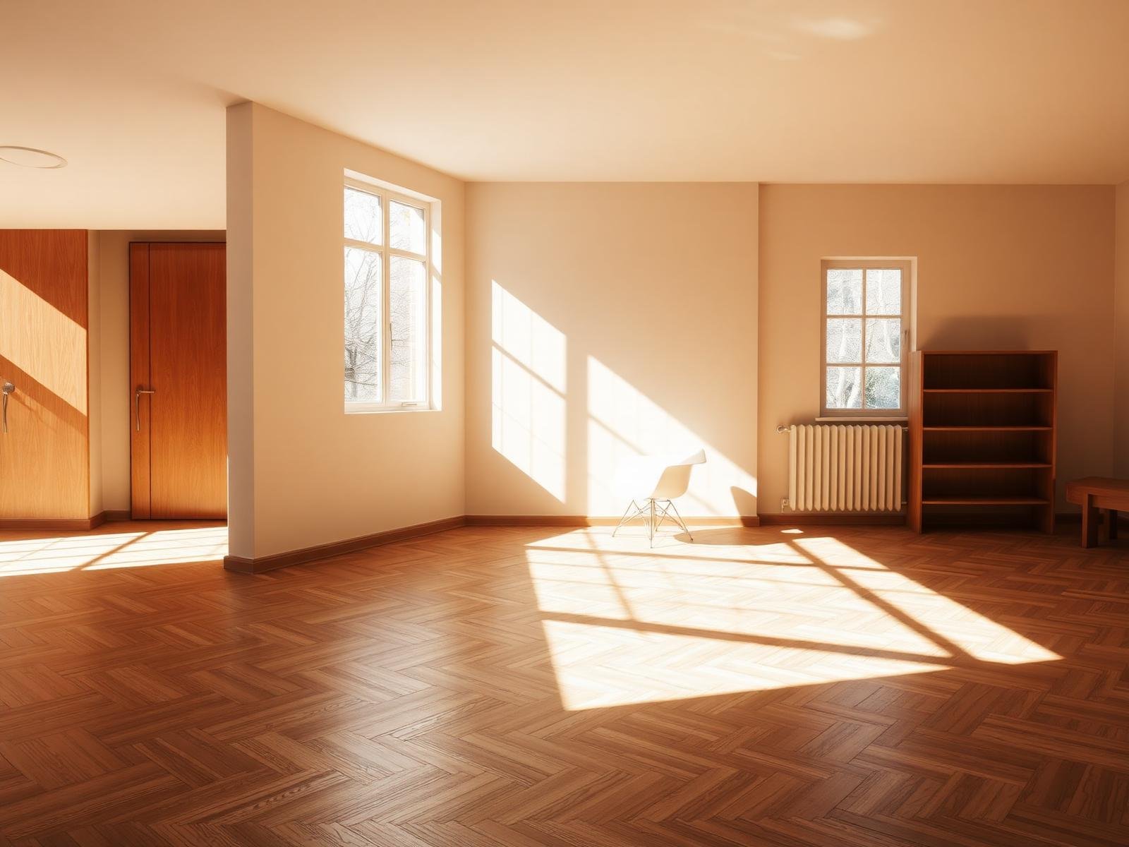 Sunlit room with natural oak herringbone parquet